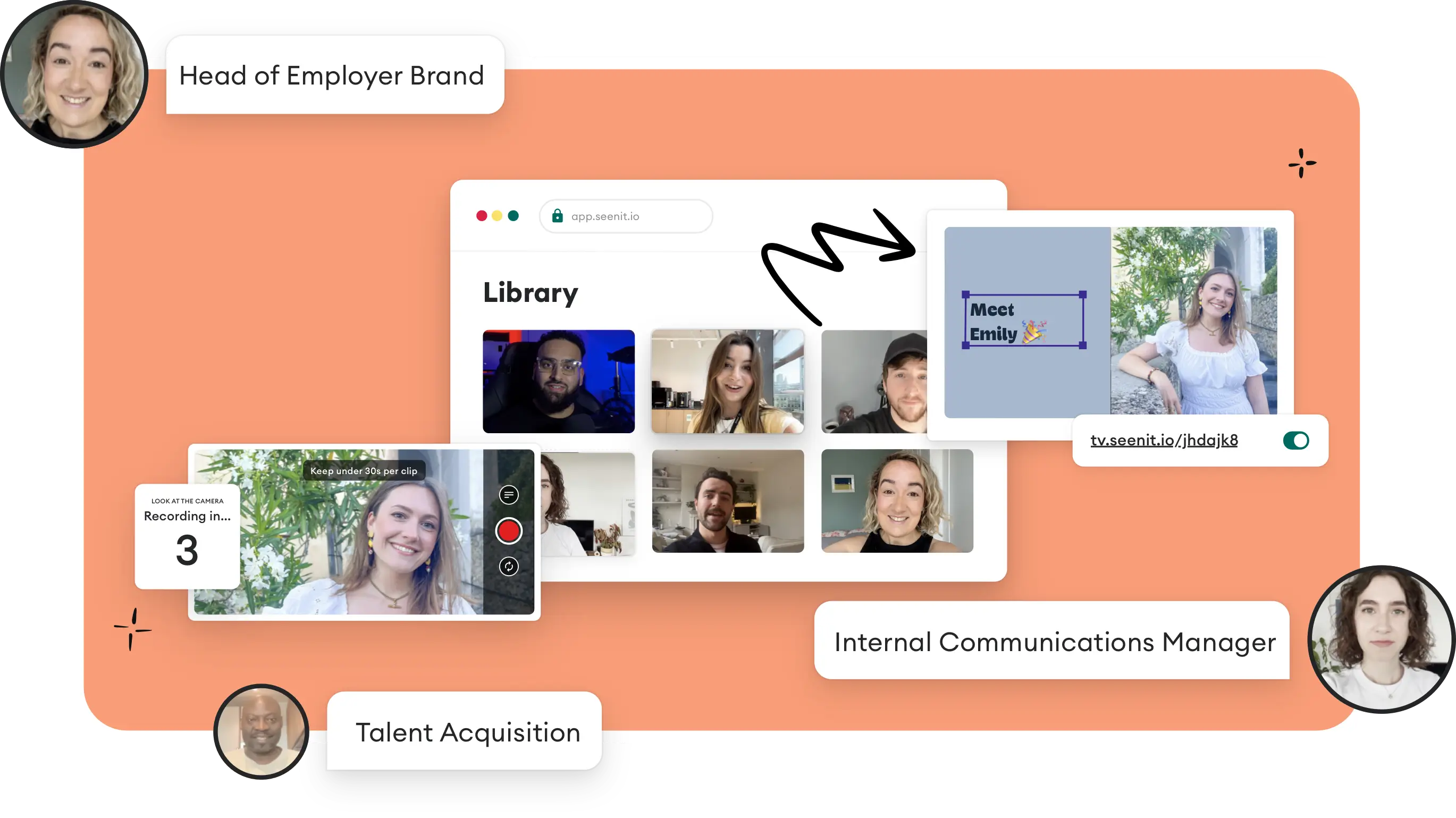 Graphic showing the Seenit platform with a call to action to see it in action