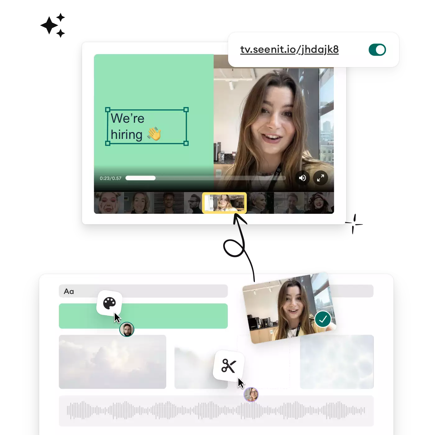 Graphic showing a hiring video being edited on the Seenit platform